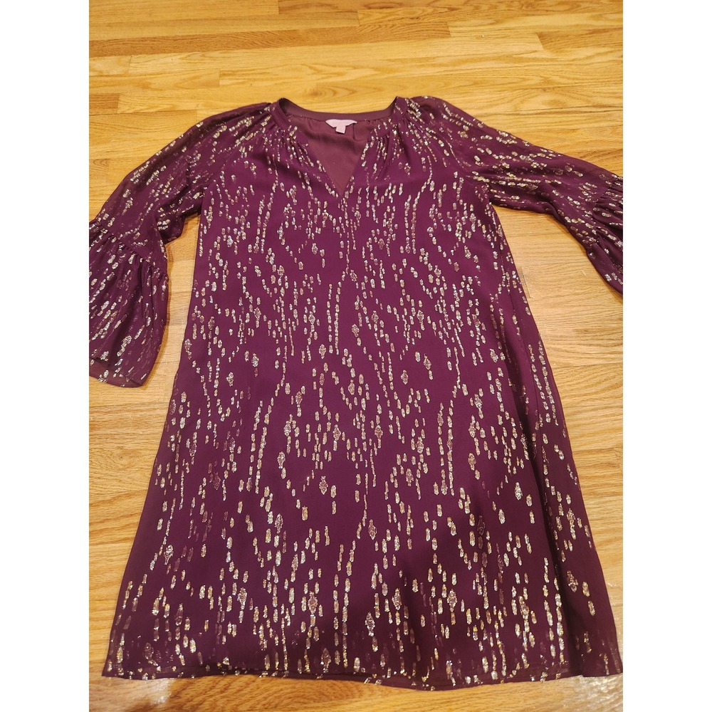 Lilly Pulitzer Women's Dress Size S Plum Metallic‎ Dot Long Sleeve V Neck Shift